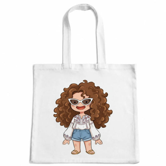 White tote bag printed with a Jellyfish portrait of a woman with curly hair and white sunglasses